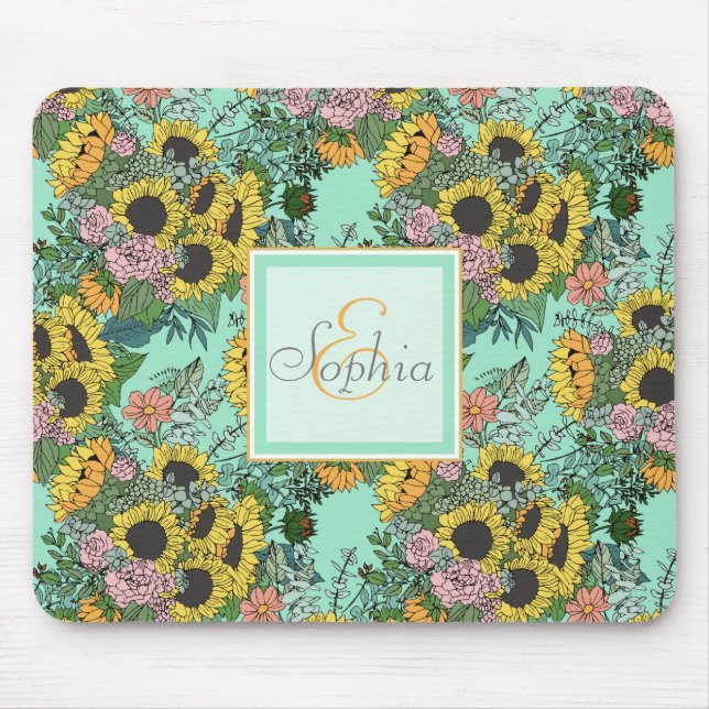 Trendy yellow sunflowers and pink roses design mouse pad (Front)