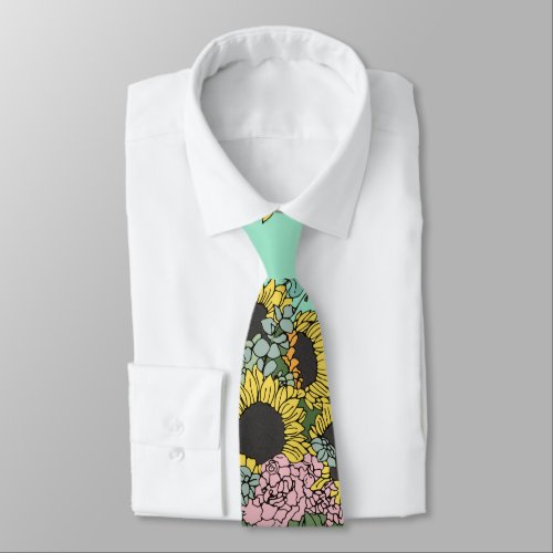 Trendy yellow sunflowers and pink roses design neck tie
