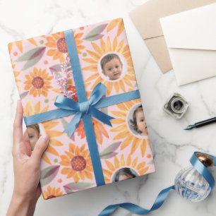 Trendy Yellow Sunflowers Blush Pink 3 Photo Wrapping Paper