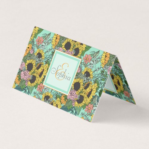 Trendy yellow sunflowers pink roses mint design business card
