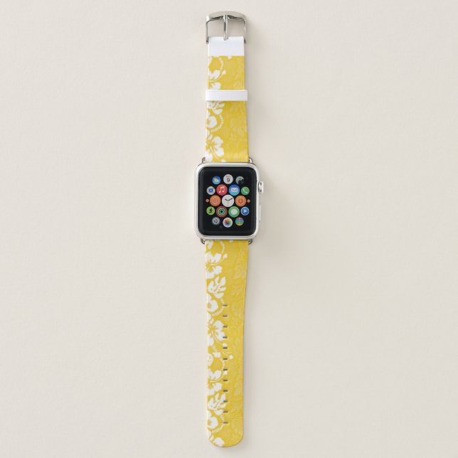 Trendy Yellow Tropical Hibiscus Flower Pattern Apple Watch Band (Front)