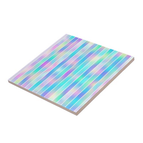 Trendy youthful modern blue pink iridescent stripe ceramic tile