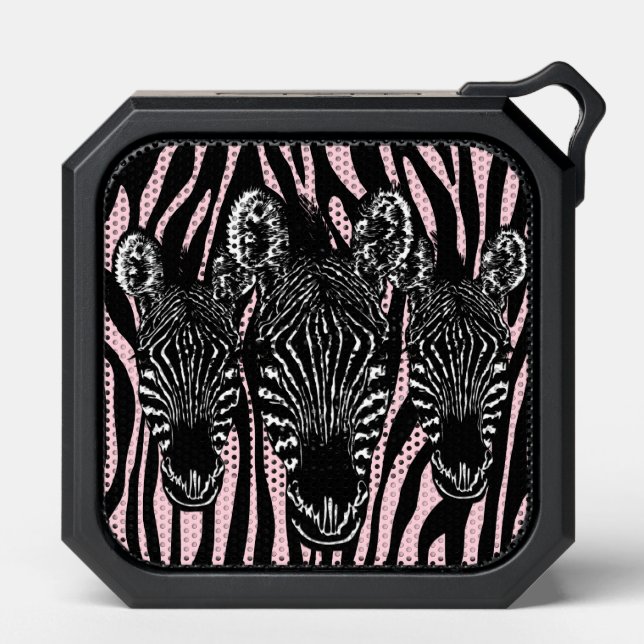 Trendy Zebra Herd on Zebra Print Pink Bluetooth Speaker (Front)