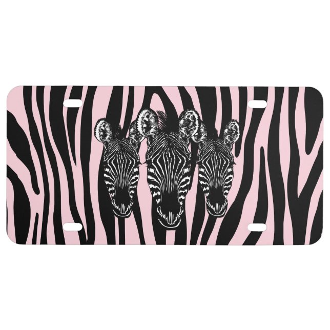 Trendy Zebra Herd on Zebra Print Pink License Plate (Front)