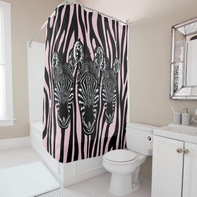 Trendy Zebra Herd on Zebra Print Pink Shower Curtain (In Situ)