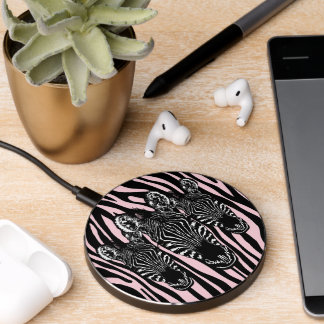 Trendy Zebra Herd on Zebra Print Pink Wireless Charger