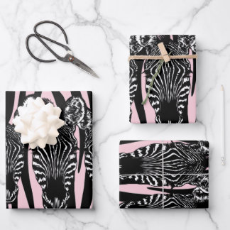 Trendy Zebra Herd on Zebra Print Pink Wrapping Paper Sheets