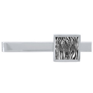 Trendy Zebra Herd on Zebra Print Silver Finish Tie Bar