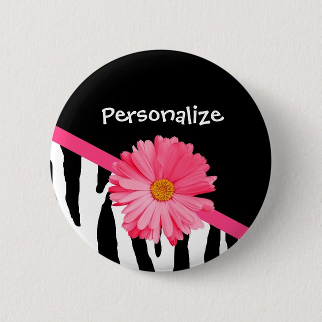 Trendy Zebra Pattern Girly Pink Daisy With Name Button (Front)