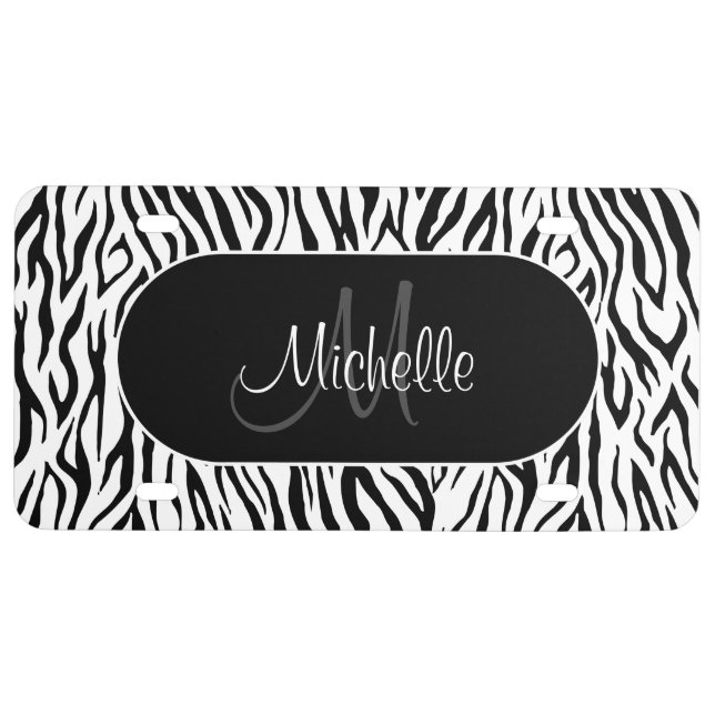 Trendy Zebra Pattern Monogram License Plate (Front)