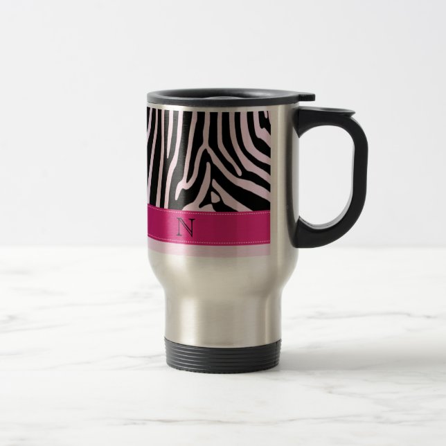 Trendy zebra pink monogram travel mug (Right)