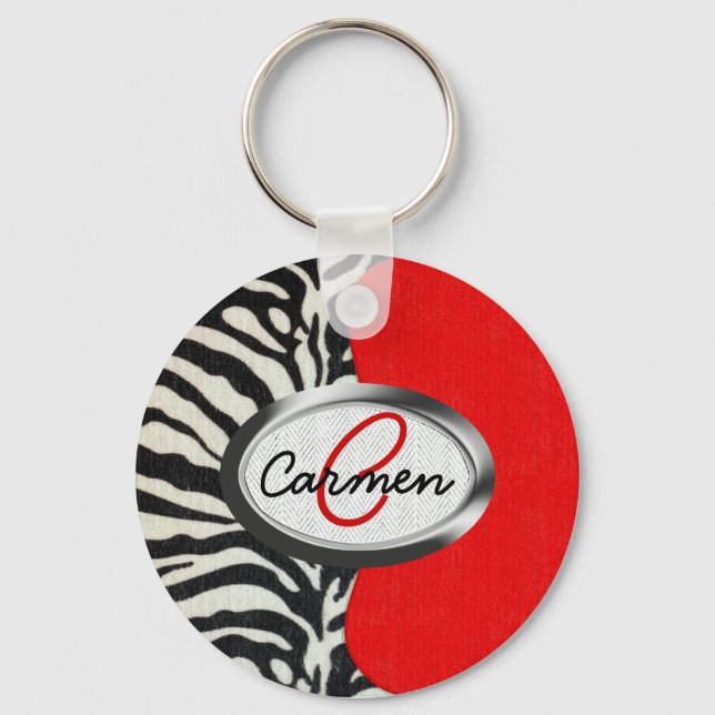 Trendy Zebra Print and Neon Red Monogram Keychain (Front)