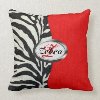 Trendy Zebra Print And Neon Red Monogram Throw Pillow by ChicPink at Zazzle