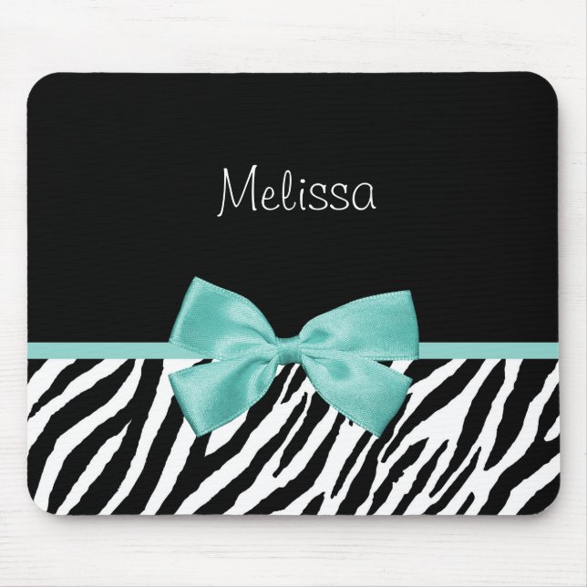 Trendy Zebra Print Aqua Mint Ribbon With Name Mouse Pad (Front)