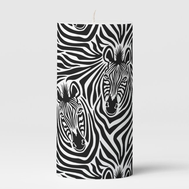 Trendy Zebra Print Black And White Pattern Pillar Candle (Front)