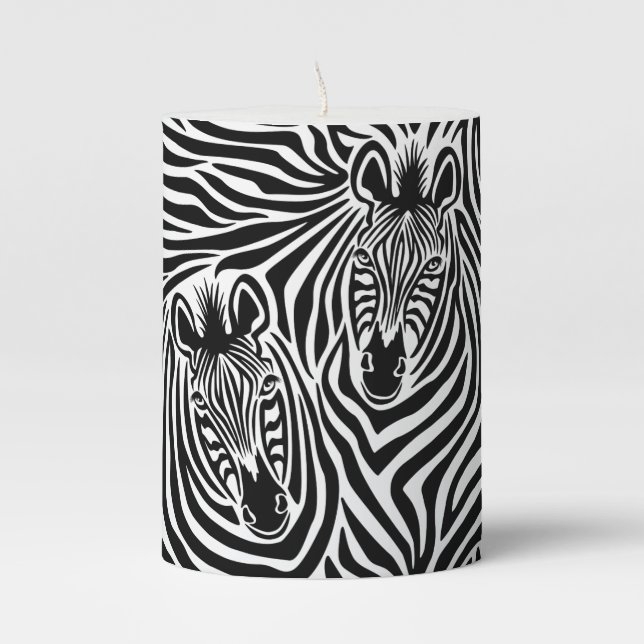 Trendy Zebra Print Black And White Pattern Pillar Candle (Front)