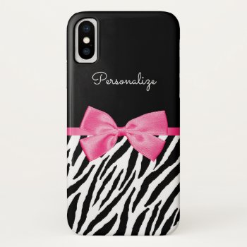 Trendy Zebra Print Chic Hot Pink Bow And Name Iphone X Case by ohsogirly at Zazzle