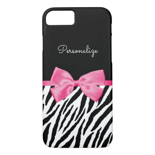 Trendy Zebra Print Chic Hot Pink Bow and Name iPhone 87 Case