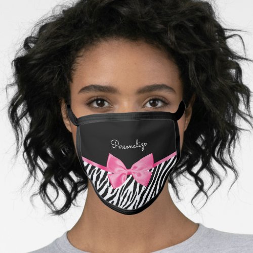 Trendy Zebra Print Chic Hot Pink Bow and Name Face Mask