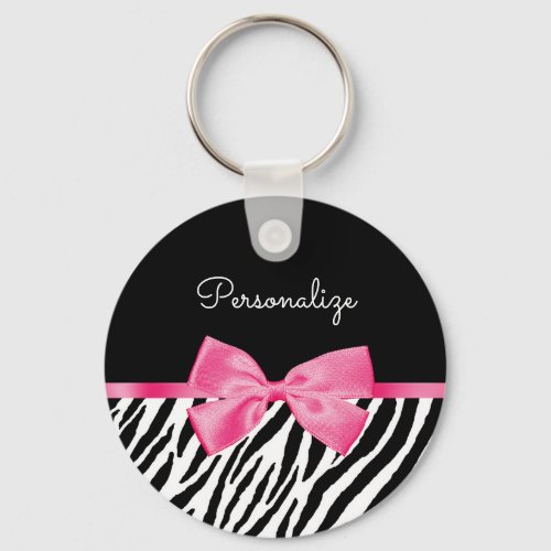 Trendy Zebra Print Chic Hot Pink Bow and Name Keychain