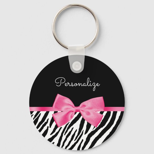Trendy Zebra Print Chic Hot Pink Bow and Name Keychain (Front)