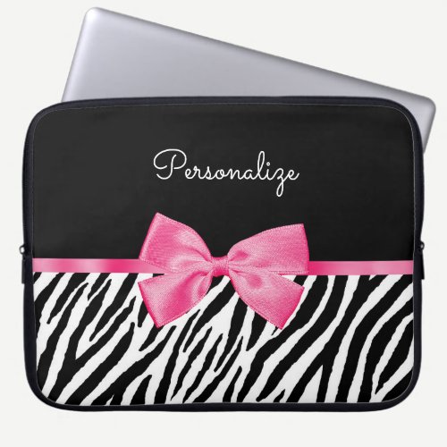 Trendy Zebra Print Chic Hot Pink Bow and Name Laptop Sleeve
