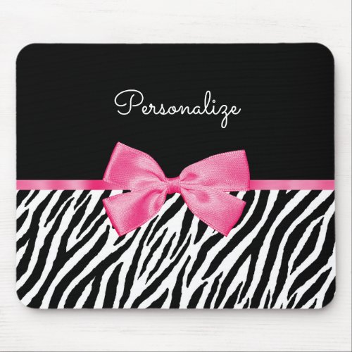 Trendy Zebra Print Chic Hot Pink Bow and Name Mouse Pad