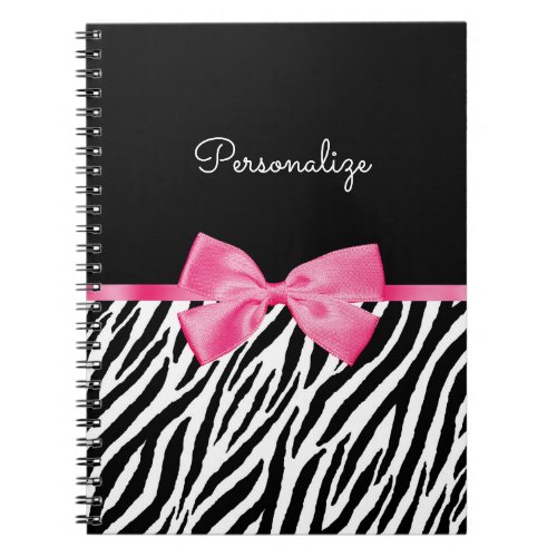 Trendy Zebra Print Chic Hot Pink Bow and Name Notebook