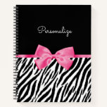 Trendy Zebra Print Chic Hot Pink Bow and Name Notebook