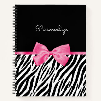 Trendy Zebra Print Chic Hot Pink Bow and Name Notebook