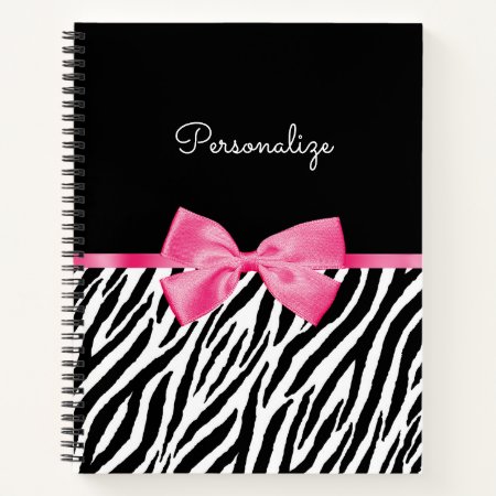 Trendy Zebra Print Chic Hot Pink Bow And Name Notebook