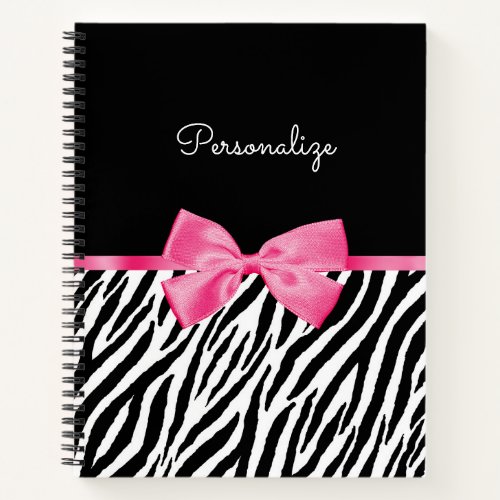 Trendy Zebra Print Chic Hot Pink Bow and Name Notebook