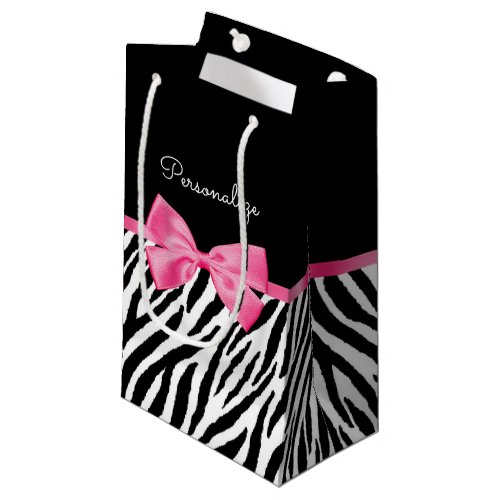 Trendy Zebra Print Chic Hot Pink Bow and Name Small Gift Bag