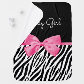 Trendy Zebra Print Chic Hot Pink Bow and Name Swaddle Blanket
