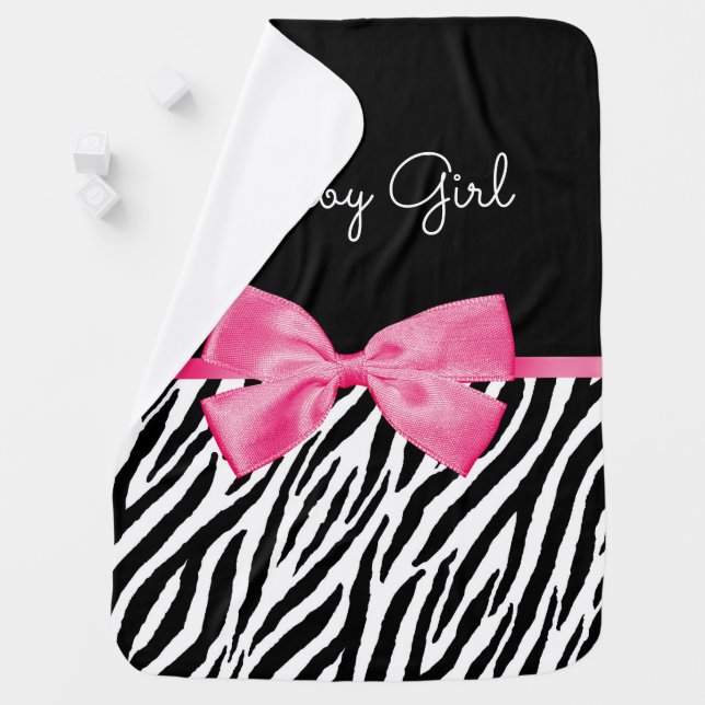 Trendy Zebra Print Chic Hot Pink Bow and Name Swaddle Blanket (In Situ)