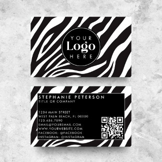 Trendy Zebra Print Custom Company Logo QR Code Business Card