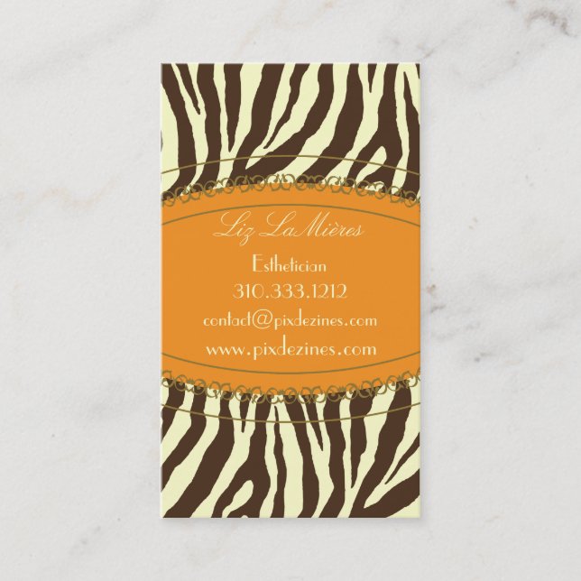 Trendy zebra print, dark brown business card (Front)