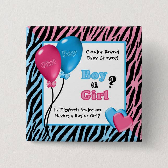 Trendy Zebra Print Gender Reveal Baby Shower Button (Front)