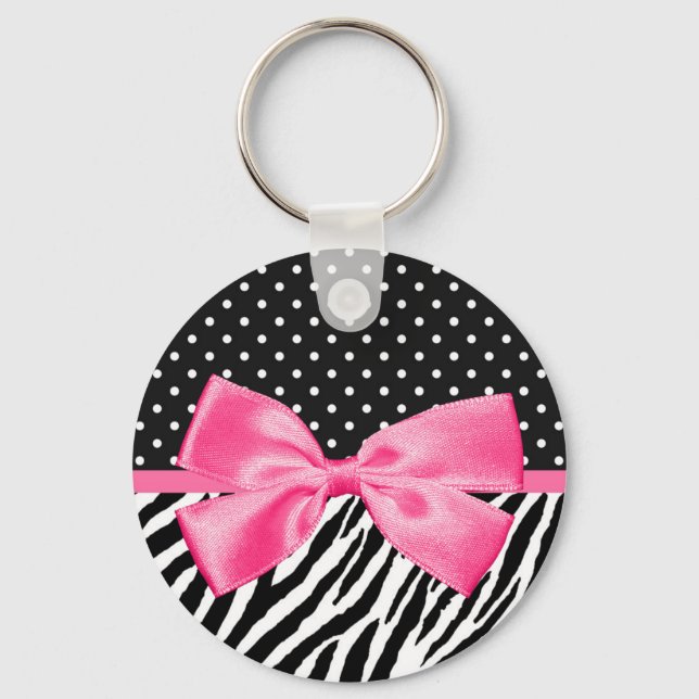 Trendy Zebra Print Polka Dots and Chic Pink Ribbon Keychain (Front)