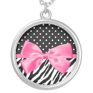 Trendy Zebra Print Polka Dots and Chic Pink Ribbon Silver Plated Necklace