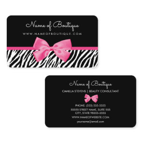 Trendy Zebra Print With Chic Pink Bow Boutique Business Card