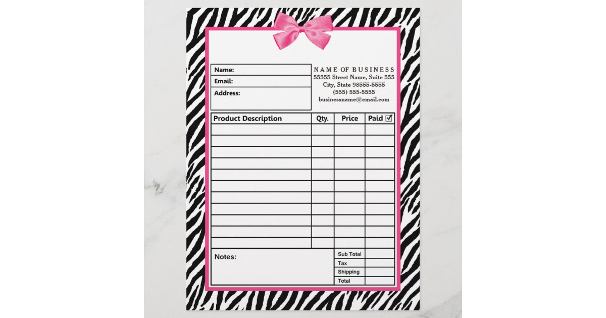 Trendy Zebra Print With Chic Pink Bow Order Form Letterhead Zazzle