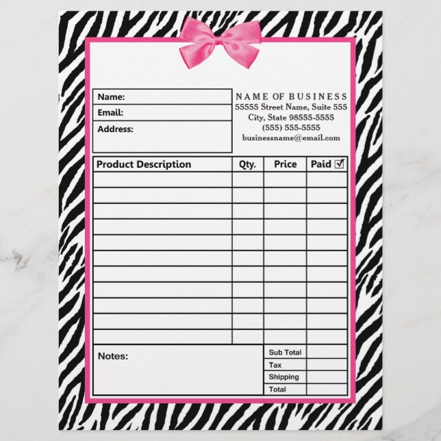 Trendy Zebra Print With Chic Pink Bow Order Form Letterhead (Front)