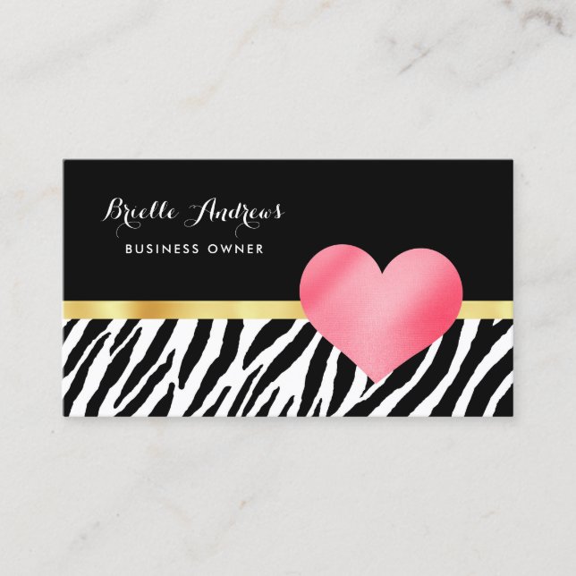 Trendy Zebra Print With Cute Hot Pink Heart Business Card (Front)