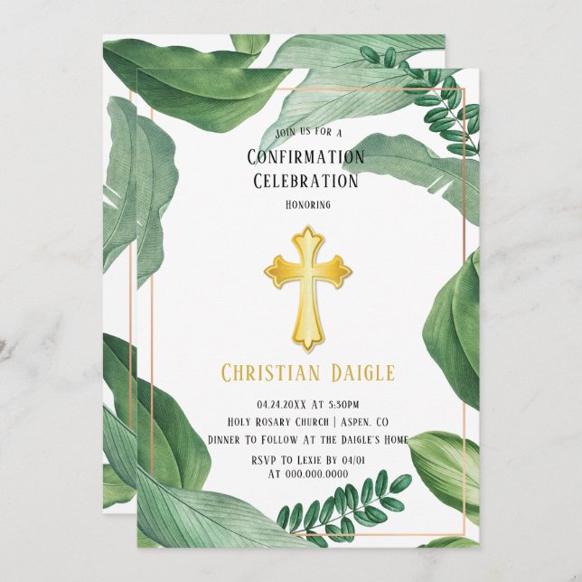 Trendygreenery Gold Cross Confirmation Celebration Invitation (Front/Back)
