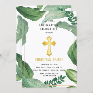 Trendygreenery Gold Cross Confirmation Celebration Invitation