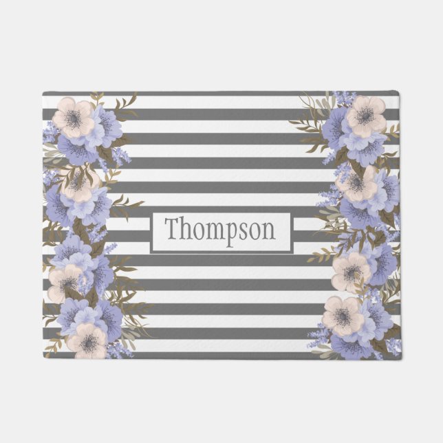 Treny dusty blue flowers monogram stripes grey doormat (Front)