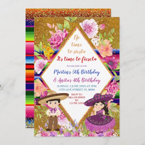 Tres Anos Purple Mexican Fiesta Kids Birthday Invitation