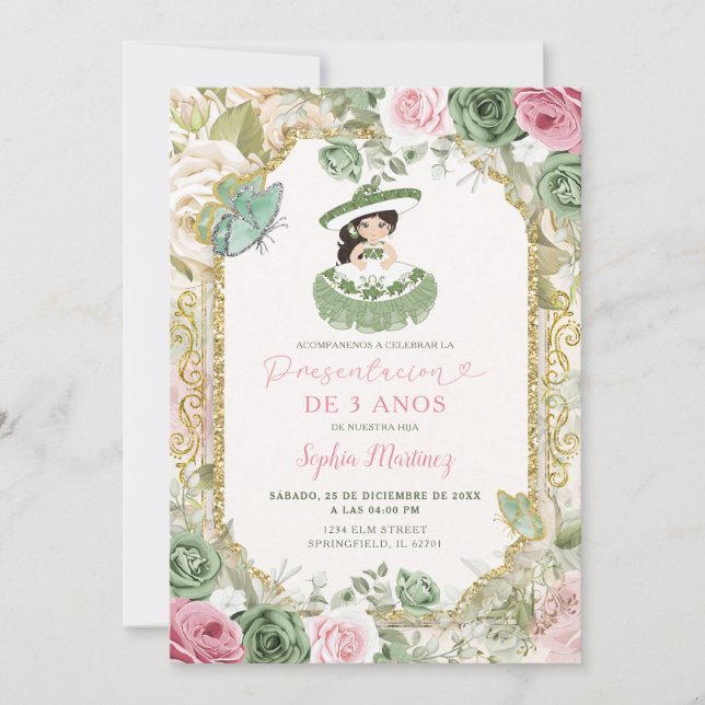 Tres Anos Sage Pink Flowers Mexican Girl Birthday Invitation (Front)