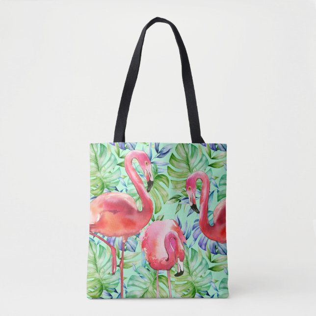 Tres Flamingos Pink Flamingo Tropical Tote Bag (Front)
